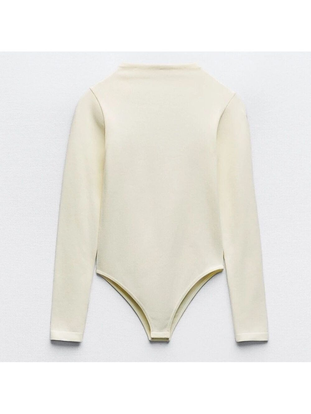 Zara Ribbed Stretchy Open Back Mock Neck Cream Long Sleeve Bodysuit Top
